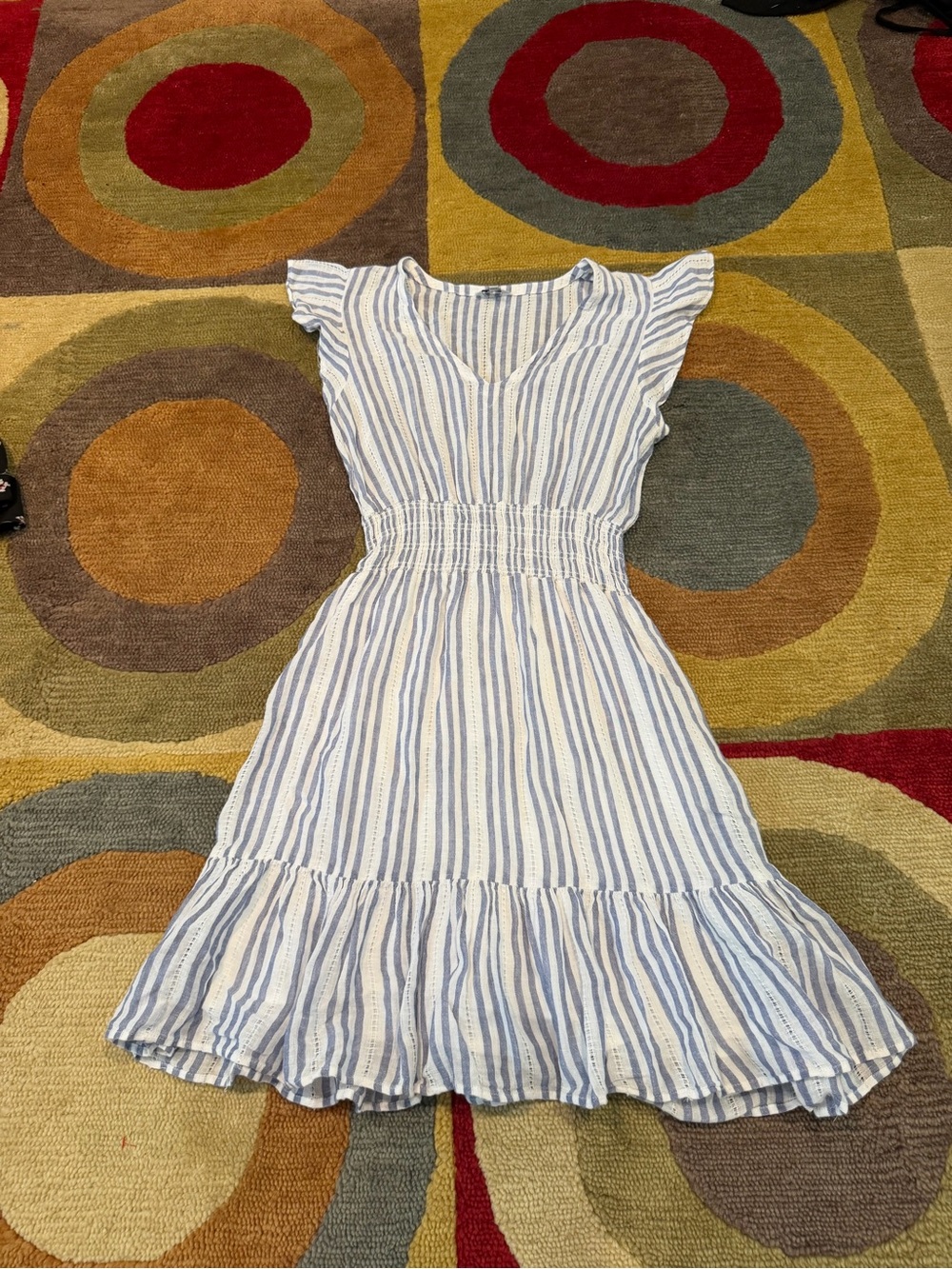 Rails Tara Mini Dress Sundress Blue White Stripe Ruffle Cap Sleeve Women’s Small